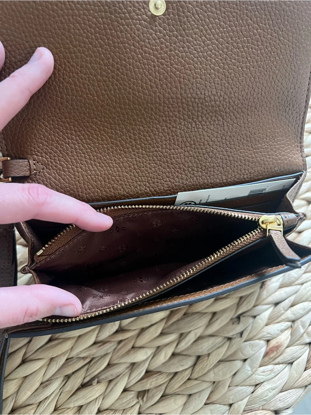 Tory Burch Tan Brown Pebbled Leather Wristlet with Gold Logo